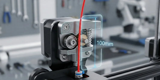 Close-up of a 3D printer mechanism with a clear section showing internal components on a blurred workshop background.