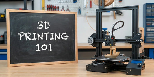 A workshop scene featuring a chalkboard that reads "3D PRINTING 101" next to an FDM 3D printer actively building a tan tugboat model.