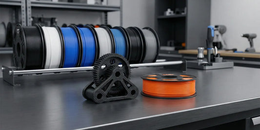 Row of 3D printing filament spools on a workbench with a printed mechanical gear.