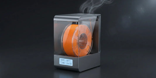 A modern 3D printer filament dryer extracting moisture from a bright orange spool of filament.
