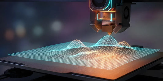 A digital 3D visualization of a printer bed mesh topology with a nozzle hovering above it.