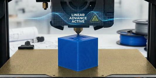 3D Printer printing calibration cube with text overlay: Linear Advance Active
